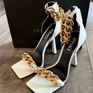 Versace Gold Chain White Heels